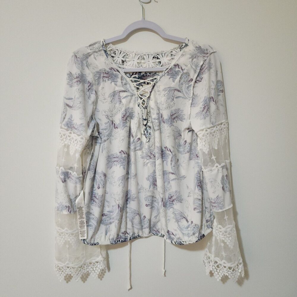 WHBM Womens Boho Blouse White Blue Purple Paisley Lace Up Neck Crochet Size L - Picture 5 of 9